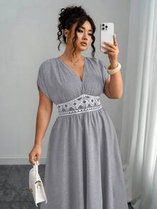 Elenzga Vestido maxi casual de talla grande para mujer con bordado en la cintura, vestido elegante y estilizador de estilo bohemio con estampado de paisley, cuello en V profundo, hombros fruncidos y cintura ceñida, para salidas, té de la tarde, fiestas, uso diario y vacaciones