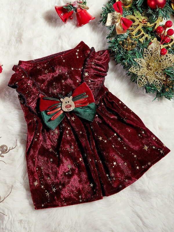 PETSIN 1pc Pet Christmas Burgundy Star Foil Velvet Reindeer Bow Ruffle Dog Dress