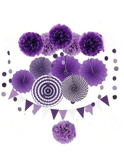 SHEIN 派对装饰，紫色和淡紫色悬挂纸扇，绒球花，花环串波尔卡圆点和三角形彩旗，适合生日派对、婚礼、周年纪念、美人鱼派对，纸花，紫色绒球，蝴蝶生日装饰