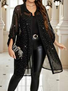 SHEIN Clasi Áo cánh lưới mỏng sequin gợi cảm và thanh lịch cỡ lớn cho tiệc tùng, hộp đêm - màu đen - Xem 5