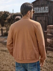 Manfinity Nomadique Men's Casual Commuter Solid Color Baseball Collar Jacket Men Brown Jacket Men Casual Jacket Brown Suede Jacket Men Cowboy Style Jacket, Fall Winter - Brown - View 2