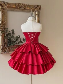 Lovelzi 优雅、浪漫、性感的黑色缎面面料，深 V 领，收腰，紧身胸衣，大量水钻装饰，有骨紧身胸衣，后背系带，A 字裙，褶皱设计，适合毕业典礼、学校开学典礼、音乐节、生日派对、婚礼、舞会礼服 - 酒紅色 - 查看 2