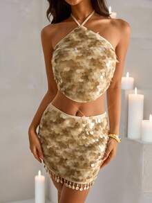 Vowa 2 件套优雅亮片项链带和荷叶边下摆贝壳流苏短款上衣搭配中长裙，性感舒适的女士海滩/日常/派对连衣裙