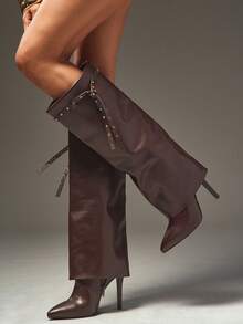 SHUZIA Women's Glamorous Pointy Toe Stiletto Heel Knee High Boots With Rivet Strap Decor - Chocolate Brown - View 5