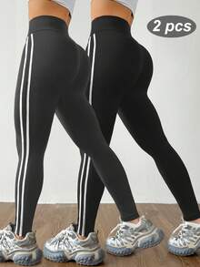 SHEIN Sports 2PCS Women's Basic Yoga Leggings Set Sports Leggings - Multicolor - View 2