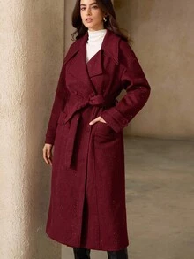 GENKIRA Vintage High-End French Style Lapel Belted Long Coat For Women - Burgundy - View 6