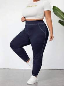 SHEIN CURVE+ Quần legging bó thun co giãn thường ngày cỡ lớn cho nữ có đường khâu lộ rõ, thoáng khí, thấm hút mồ hôi, mùa hè, Curve Plus, Hoho Vacation - Màu xanh hải quân - Xem 4