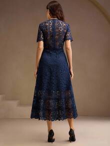 Anewsta Elegant Lace Patchwork Graceful Sleeveless Midi Dress, Ivory White - Navy Blue - View 7