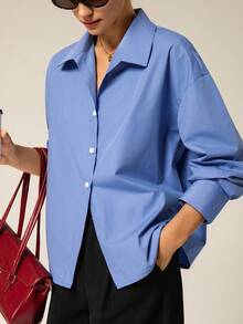 Hanevo 女式蓝色休闲运动 Polo 领简约衬衫 - 藍色 - 查看 4