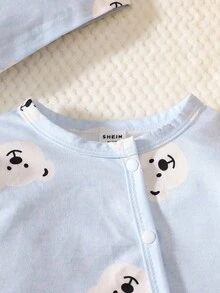 SHEIN 2pcs/Set Newborn Baby Unisex Cartoon Bear Print Long Sleeve Jumpsuit With Hat, Suitable For Daily Wear, Birthday Party, Photography In Spring, Summer, Autumn, Winter Fall - Baby Blue - View 5