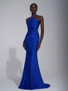 Elitara 优雅、时尚、简约、反乌托邦风格、深海蓝色、针织面料、金属扣、褶饰腰部设计、女士晚礼服、网眼连衣裙、正式连衣裙 - 藍色 - 查看 2