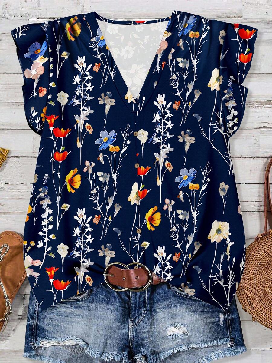 EMERY ROSE 女士休闲花卉图案V领衬衫，适合夏季 - 藏蓝色 - 查看 1