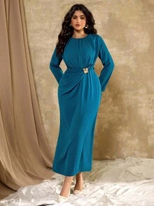 Roveilla Plus Size Women French Twist Metal Long Sleeve Dress Dress Modest Turquoise Dress Women Teal Blue Dress Women Gowns For Wedding Occasions Teal Blue Elegant Dress Long Sleeve Elegant Dress Gown - Blue - View 1