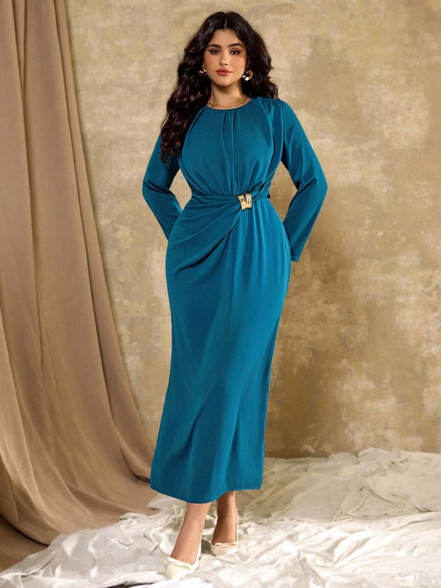 Roveilla Plus Size Women French Twist Metal Long Sleeve Dress Dress Modest Turquoise Dress Women Teal Blue Dress Women Gowns For Wedding Occasions Teal Blue Elegant Dress Long Sleeve Elegant Dress Gown - Blue - View 1
