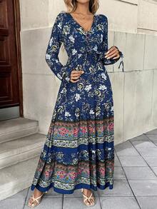 EMERY ROSE 花卉索环孔眼系带荷叶边下摆连衣裙 超长度假海滩装 女款 - 藍色 - 查看 4