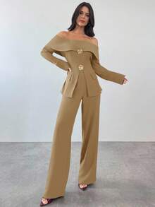 Firerie Damen elegantes Oberteil mit offener Schulter und Langarm sowie Hose, 2-teiliges Set, geeignet für den Alltag im Herbst/Winter