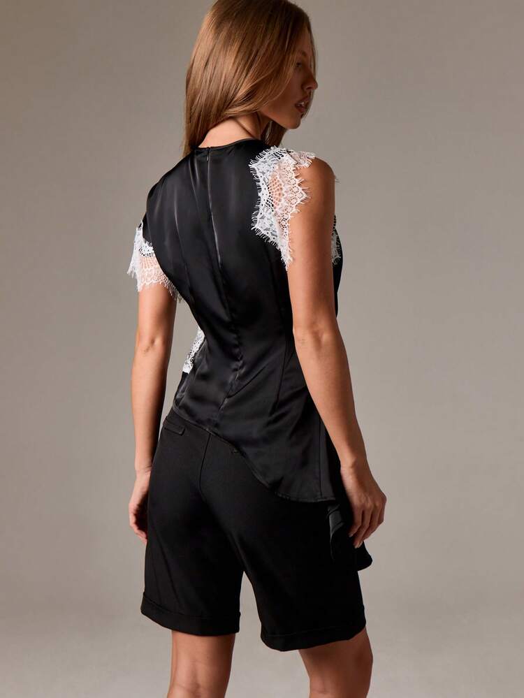 Lace Trim Asymmetrical Satin Blouse With Draped Peplum