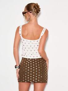 KIZN Studded White Tank Top Women Sleeveless Square Neck Crop Fitted Summer Casual Club Party Eyelet Fashion Top With Metallic Grommets Polka Dot Pattern - White - View 2