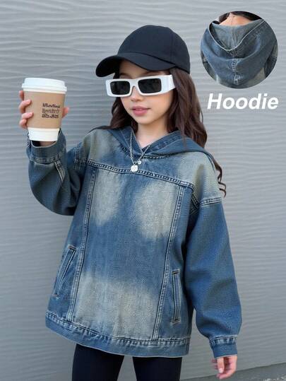 SHEIN 少女复古90年代水洗休闲宽松连帽牛仔外套，适合秋冬季节、返校季、街头风，酷炫舒适百搭，适合上学、居家和旅行穿着。