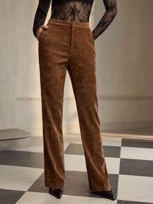 ZEYLAH Women's High Waist Wide Leg Solid Color Pants, Elegant, Autumn/Winter - Brown - View 2