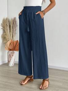 EMERY ROSE 女式休闲纯色抽绳口袋阔腿裤 - 藍色 - 查看 4