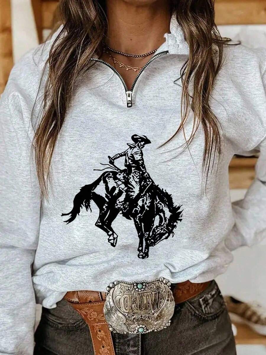 SHEIN MOOSTA Plus Size Women Cowboy Print Sweatshirt, Autumn/Winter, Pullover Fall - Light Grey - View 1