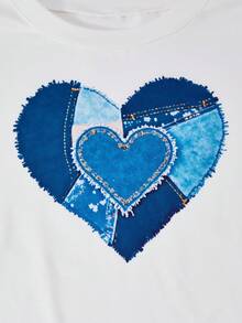 Teenager Mädchen Sommer Set mit Herz-Muster Patchwork T-Shirt & bedruckter Strick Weite Hose, 2-teiliges Lässig Set