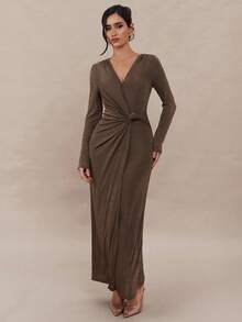 Modelyn Women's Solid Color Minimalist V-Neck Long Sleeve Dress, Casual Everyday Wear  Winter Dresses For Women   Wedding Guest Dress Elegant - Brown - View 5
