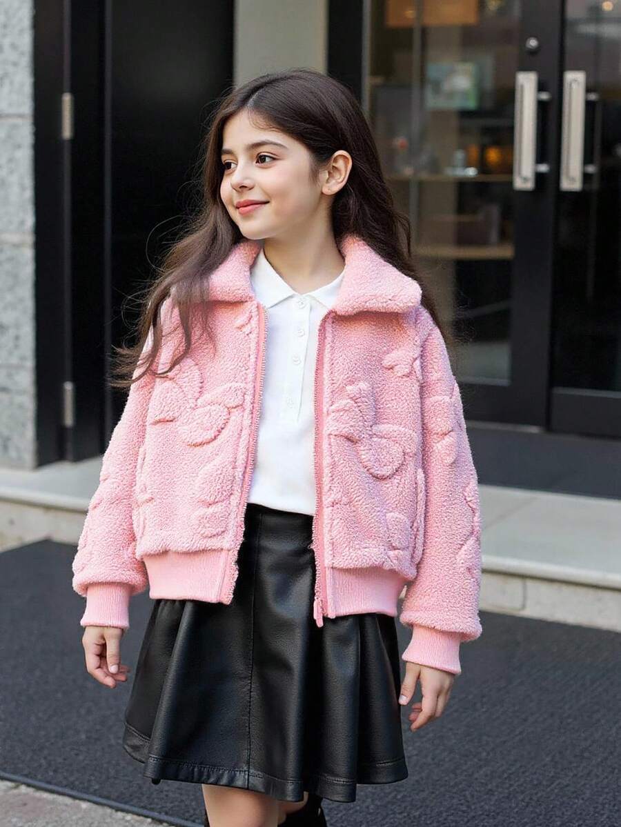 Young Girls' Pink Collar Long Sleeve Zip-Up Fleece Jacket Fall Winter - Pink - View 1