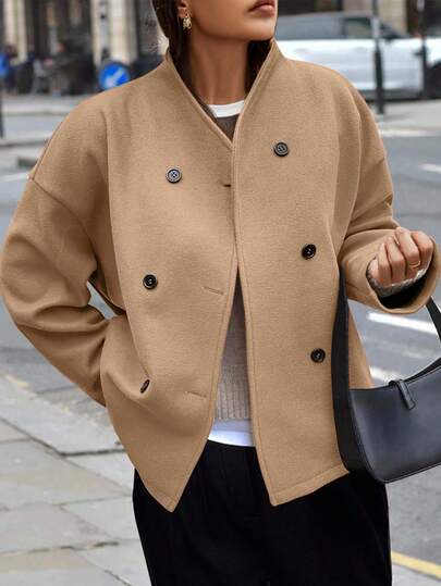 EMERY ROSE Women's Solid Color Double-Breasted Jacket, Autumn/Winter