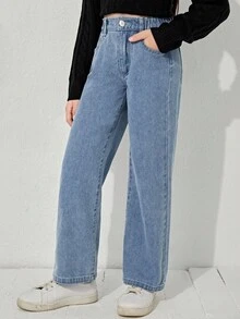 SHEIN Jeans rectos de cintura elástica estilo Y2K para niña preadolescente, de uso diario con bolsillos planos - Azul lavado medio - Ver 6