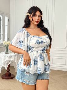 Soleia Blusa holgada de manga corta con volantes con estampado floral azul y de estilo boho vacacional para mujer de talla grande, para el verano