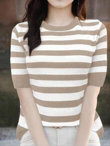 EMERY ROSE Women's Casual Striped Round Neck Short Sleeve Knit Top, Autumn - Khaki - View 6
