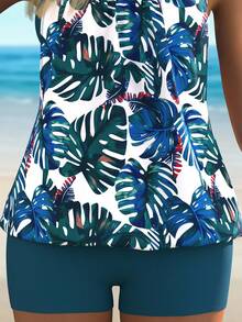 Swim Lushoire Conjunto de vacaciones a la playa con top de bikini de tirantes con estampado aleatorio y shorts de unicolor para mujer - Verde - Ver 6