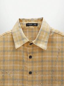 NEON BLANC Men's Street Fashion Woven Rhinestone Spider Web Plaid Short Sleeve Shirt, Halloween - Yellow - View 4