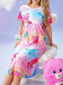 SweetSlumber X Carebears Women's Cute Bear Print Round Neck Short Sleeve Nightgown, Summer Care Bear Pajamas Dress Kawaii Pajamas Cute Pajamas Dress Cute Sleepwear Cartoon Pajamas Women, Moo Moo Night Dress