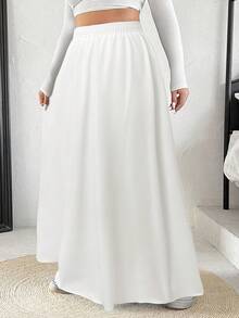 SHEIN EZwear 大码女式纯色松紧腰 A 字裙 - 白色 - 查看 6