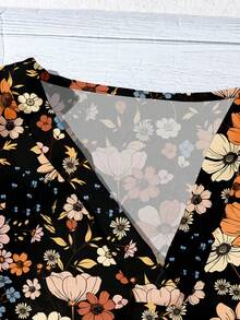 SHEIN LUNE 女式极简风格黑色底棕色彩色花卉全印花V领衬衫，休闲简约，适合夏季、初秋、复古 - 彩色 - 查看 5