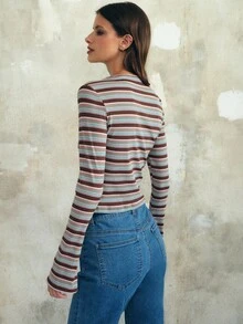 Nöista Brown Striped Long-Sleeve Top With Ruched Sides And Adjustable Drawstrings, Featuring A Fitted Silhouette That Makes It Perfect For Chic And Elegant Casual Wear, Ideal For Winter, Christmas-Season Styling And Modern New Year Looks. - Pink - View 2