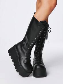 ROMWE Grunge Punk Stivali da donna nuovi per l'autunno/inverno 2025, con punta tonda, stringati, stile punk, suola platform spessa, stivali da esterno alla moda, slip-on sopra il ginocchio - nero - Visualizzare 1