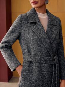 MOTF PREMIUM WOOL LAPEL COLLAR DOUBLE BREASTED PLACKET BELTED LONG OVERCOAT - Dark Grey - View 3