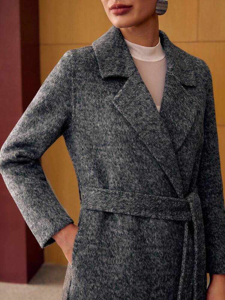 WOOL LAPEL COLLAR DOUBLE BREASTED PLACKET BELTED LONG OVERCOAT