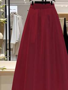 Franclia 女士纯色优雅A字褶裙，适合通勤 - 酒紅色 - 查看 3