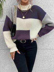 EMERY ROSE 女士撞色高领落肩长袖针织休闲宽松套头衫女秋季毛衣女式套头衫女式针织上衣拼色毛衣 - 彩色 - 查看 4