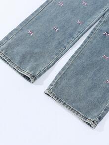 Sparklyn 女童蝴蝶刺绣直筒牛仔裤 - 淺色水洗藍 - 查看 4
