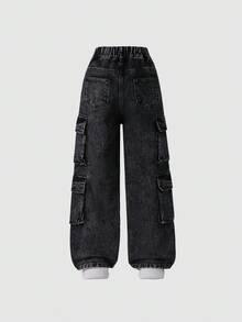 SHEIN Tween Girls Y2K 风格复古水洗灰色牛仔工装裤，宽松版型，舒适柔软面料，街头时尚百搭，女童牛仔裤 - 灰色 - 查看 2
