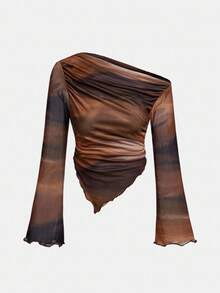 SHEIN 青少年女孩不对称肩部设计针织印花休闲时尚家庭装上衣 - 棕色 - 查看 5