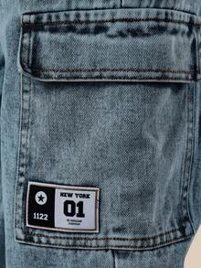 SUMWON 直筒工装牛仔裤街头休闲牛仔裤，带实用口袋，青年时尚休闲日常舒适秋冬风格 - 中等水洗藍 - 查看 5