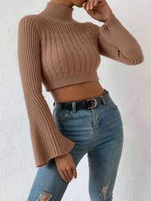EURMUSE Mock Neck Cable Knit Flare Sleeve Crop Sweater - Grey - View 4
