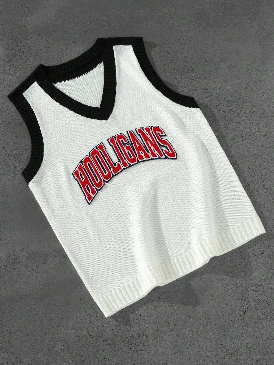 Manfinity EMRG Men's Casual Contrast Color Patchwork Letter Embroidery Knit Face Mask Y2k Tops Sweater Vest - Multicolor - View 1